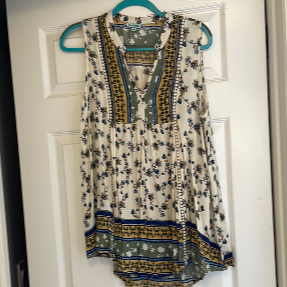 Floral Sleeveless Top - Cream and Blue